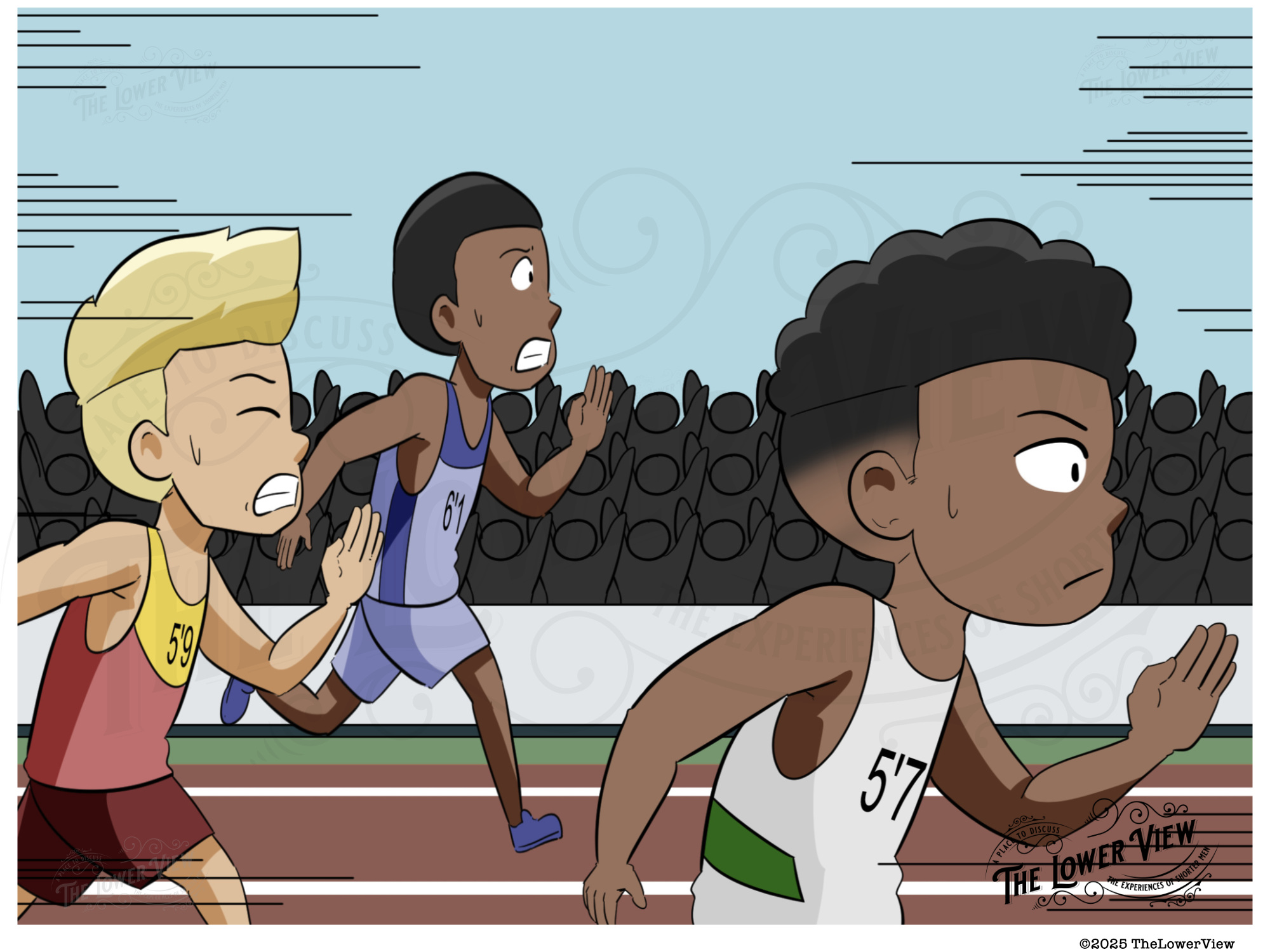 Short guy winning a race in track meet